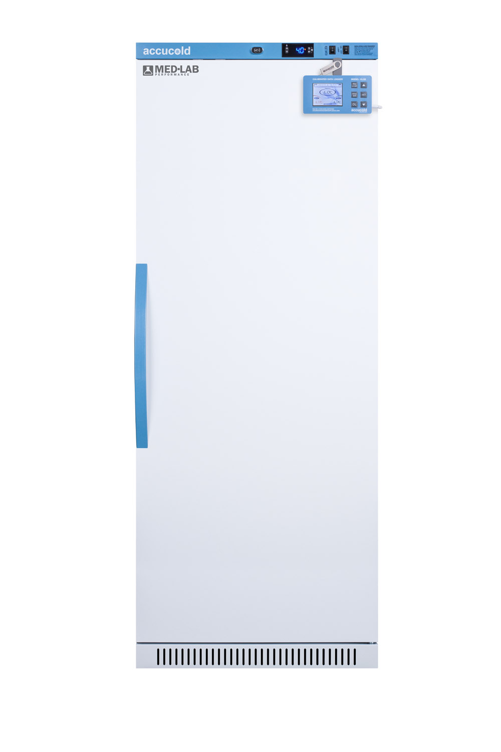 Performance series Med-Lab 12 cu.ft. upright all-refrigerator for laboratory storage with factory-installed data logger, antimicrobial silver-ion handle, and hospital grade cord with 'green dot' plug